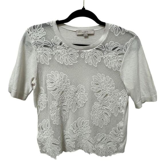 LOFT Monstera Leaf Mesh Short Sleeve Top, Size XS - Picture 1 of 7